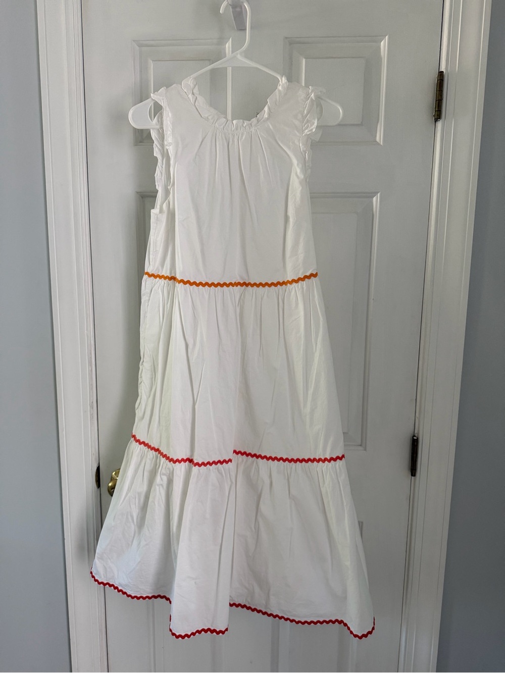 J. Crew White Midi Dress with Red and Orange Trim